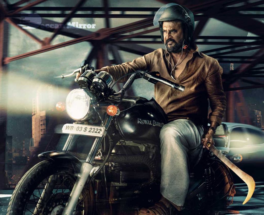 Actor Rajinikanth on a Royal Enfield and a machete in his hand