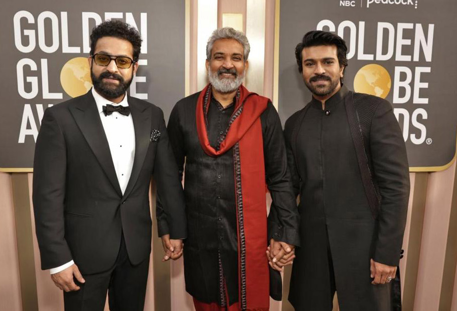 Ram Charan, Jr NTR and SS Rajamouli at Golden Globes - Pics